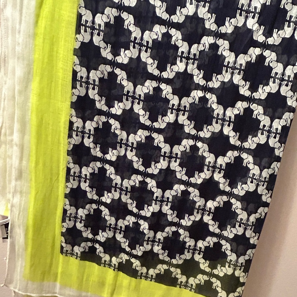 Crown & Ivy Navy and White Elephant Scarf with Yellow Border